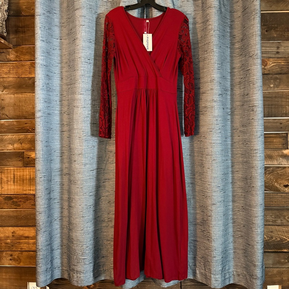 Elegant Burgundy Lace Sleeve Maxi Dress